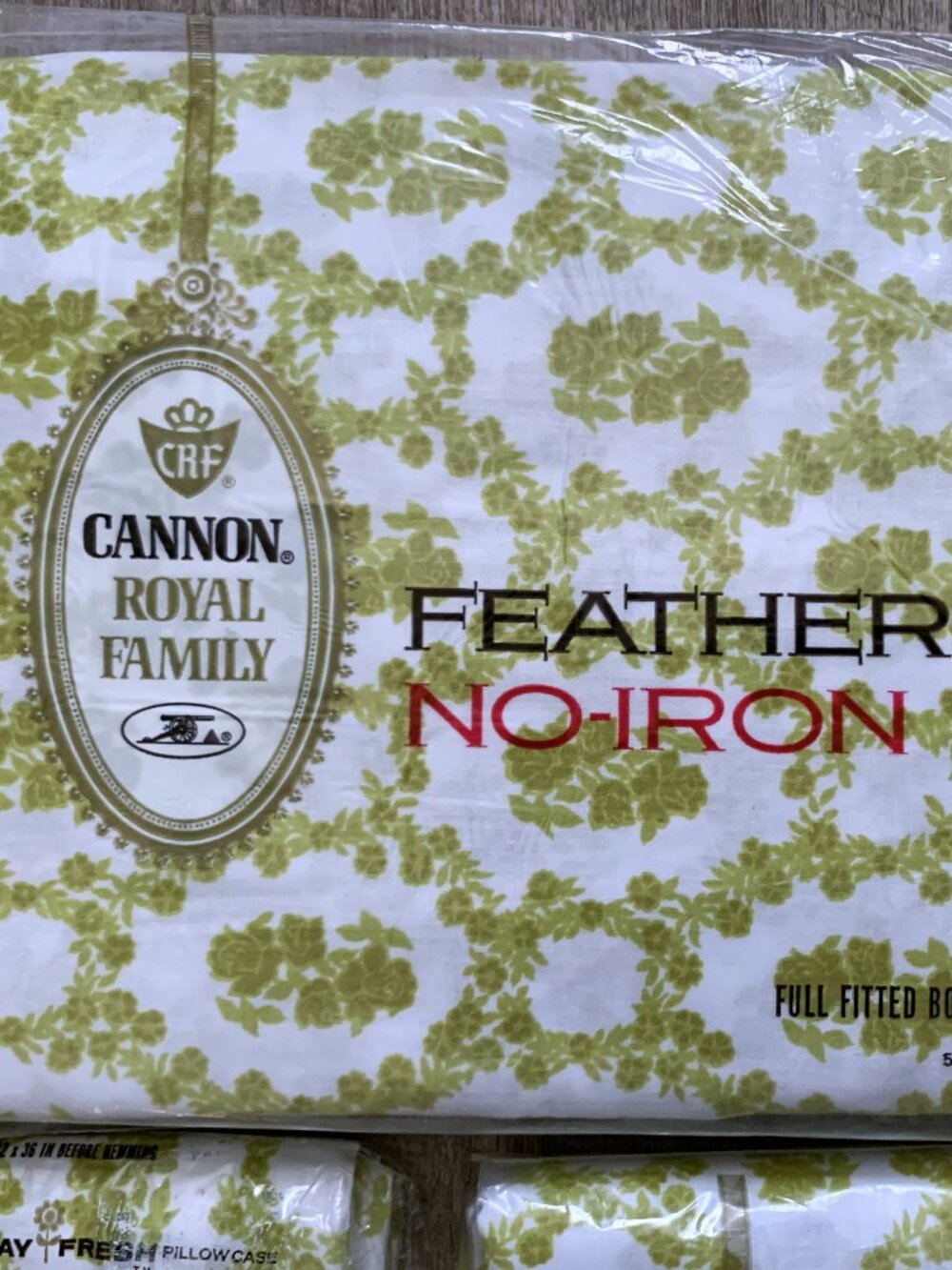 Vtg CANNON Featherlite Cameo Rose Dble Full Sheet Set Avocado Green NOS 4pc 1970 - Picture 2 of 9